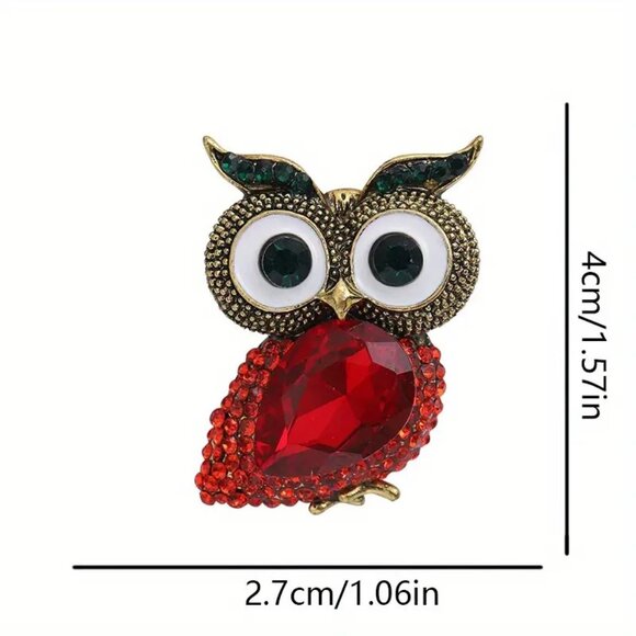 Owl Brooch Rhinestone Enamel Pin Gold Gems Choose Color Red Blue Lapel Big Eyes - Picture 4 of 4